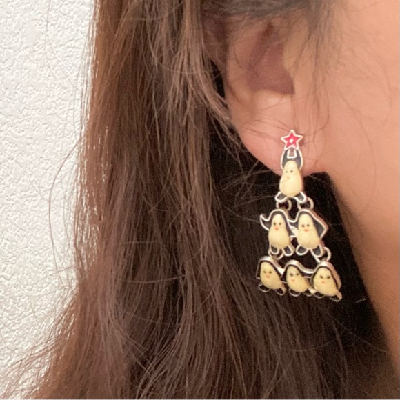 Enameled Christmas Tree Penguin Earrings - Picture 2 of 12